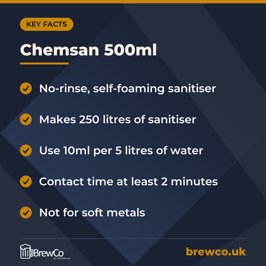 Chemsan 500ml key facts: no-rinse, self-foaming sanitiser, makes 250 litres of sanitiser, use 10ml per 5 litres of water
