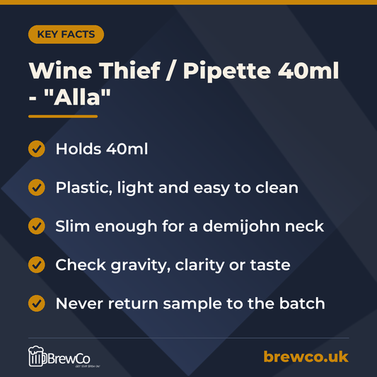 Wine Thief / Pipette 40ml - "Alla" key facts: holds 40ml, plastic, light and easy to clean, slim enough for a demijohn neck