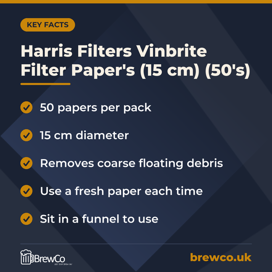Harris Filters Vinbrite Filter Paper's (15 cm) (50's) key facts: 50 papers per pack, 15 cm diameter, removes coarse floating debris