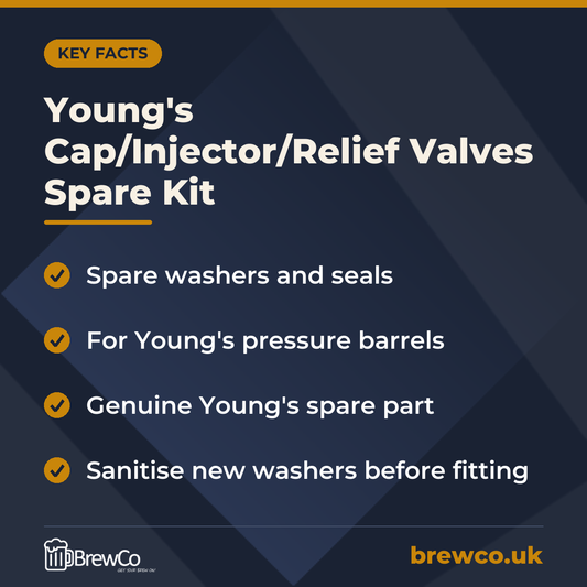 Young's Cap/Injector/Relief Valves Spare Kit key facts: spare washers and seals, for Young's pressure barrels, genuine Young's spare part