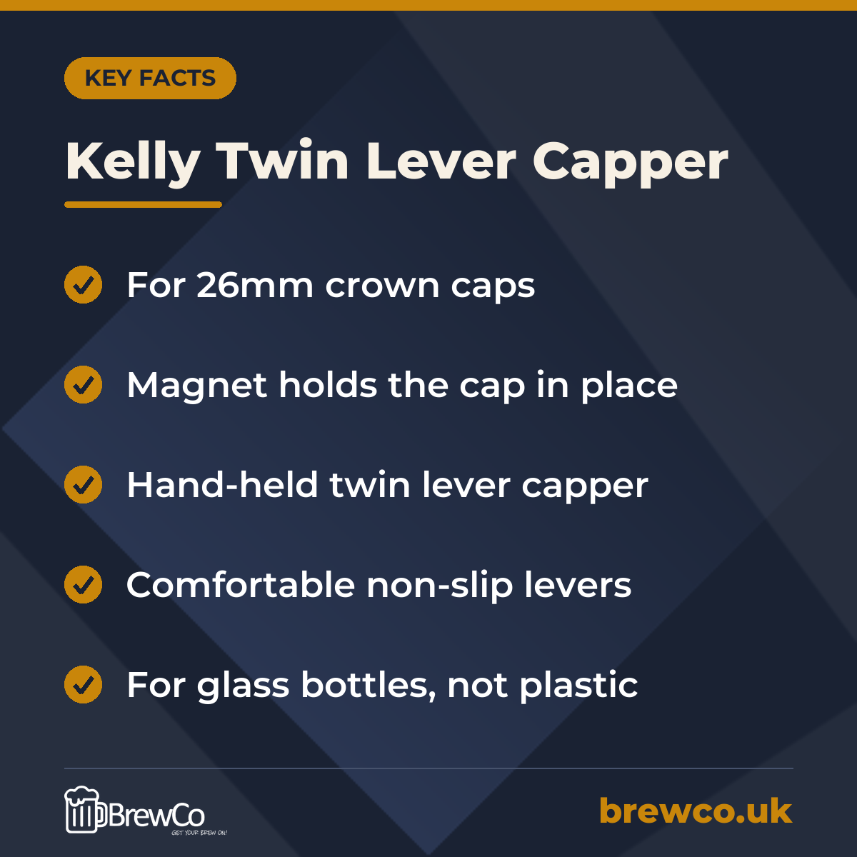 Kelly Twin Lever Capper key facts: for 26mm crown caps, magnet holds the cap in place, hand-held twin lever capper