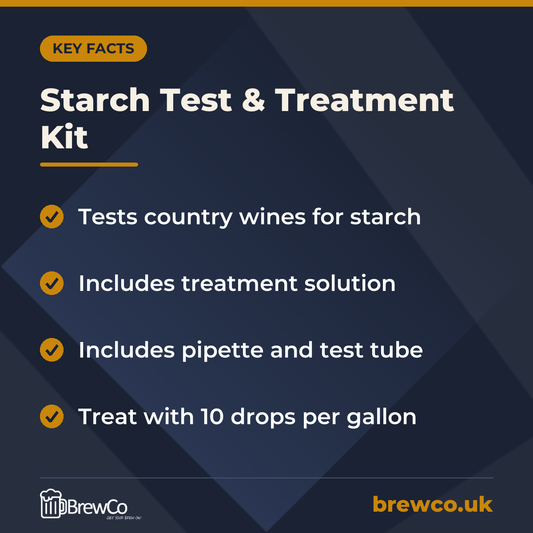 Starch Test & Treatment Kit key facts: tests country wines for starch, includes treatment solution, includes pipette and test tube