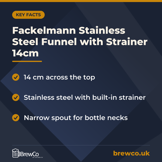 Fackelmann Stainless Steel Funnel with Strainer 14cm key facts: 14 cm across the top, stainless steel with built-in strainer, narrow spout for bottle necks
