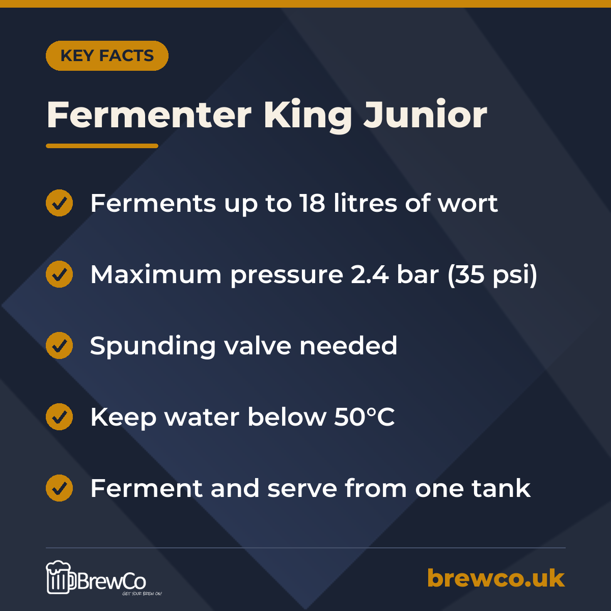 Fermenter King Junior key facts: ferments up to 18 litres of wort, maximum pressure 2.4 bar (35 psi), spunding valve needed