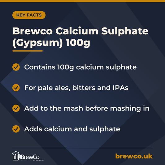 Brewco Calcium Sulphate (Gypsum) 100g key facts: contains 100g calcium sulphate, for pale ales, bitters and IPAs, add to the mash before mashing in