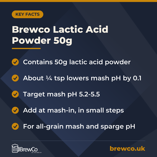 Brewco Lactic Acid Powder 50g key facts: contains 50g lactic acid powder, about ¼ tsp lowers mash pH by 0.1, target mash pH 5.2-5.5