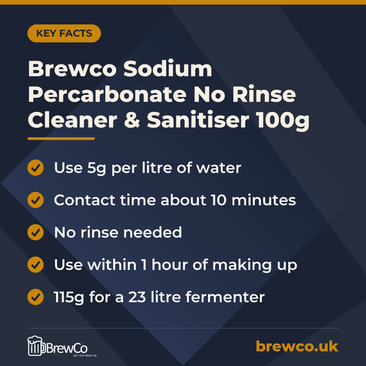 Brewco Sodium Percarbonate No Rinse Cleaner & Sanitiser 100g – key facts
