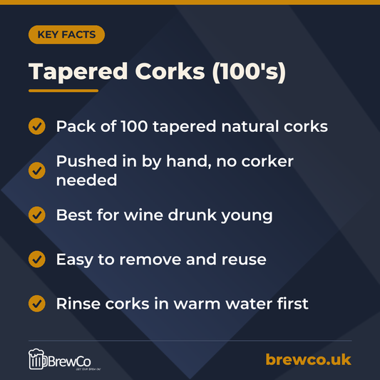Tapered Corks (100's) key facts: pack of 100 tapered natural corks, pushed in by hand, no corker needed, best for wine drunk young