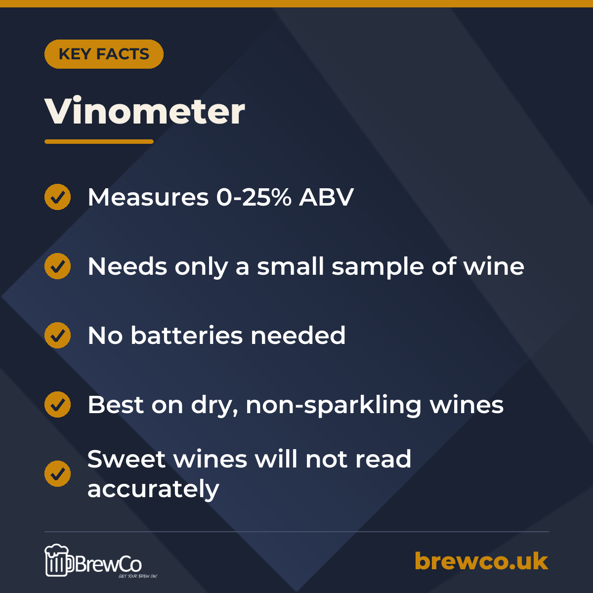 Vinometer key facts: measures 0-25% ABV, needs only a small sample of wine, no batteries needed