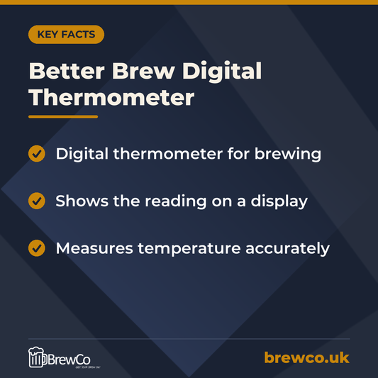 Better Brew Digital Thermometer key facts: digital thermometer for brewing, shows the reading on a display, measures temperature accurately