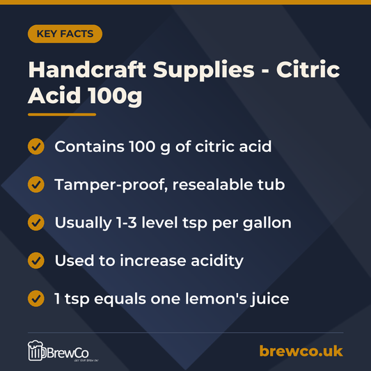 Handcraft Supplies - Citric Acid 100g key facts: contains 100 g of citric acid, tamper-proof, resealable tub, usually 1-3 level tsp per gallon