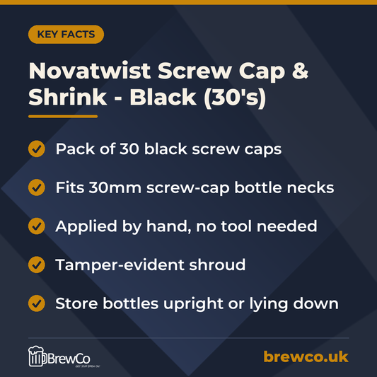 Novatwist Screw Cap & Shrink - Black (30's) key facts: pack of 30 black screw caps, fits 30mm screw-cap bottle necks, applied by hand, no tool needed