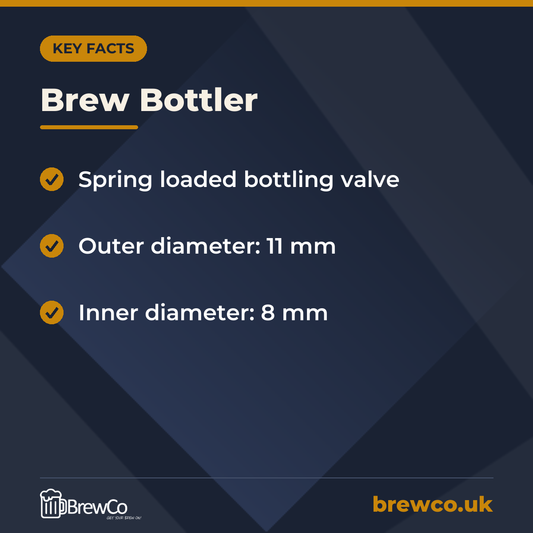 Brew Bottler key facts: spring loaded bottling valve, outer diameter: 11 mm, inner diameter: 8 mm