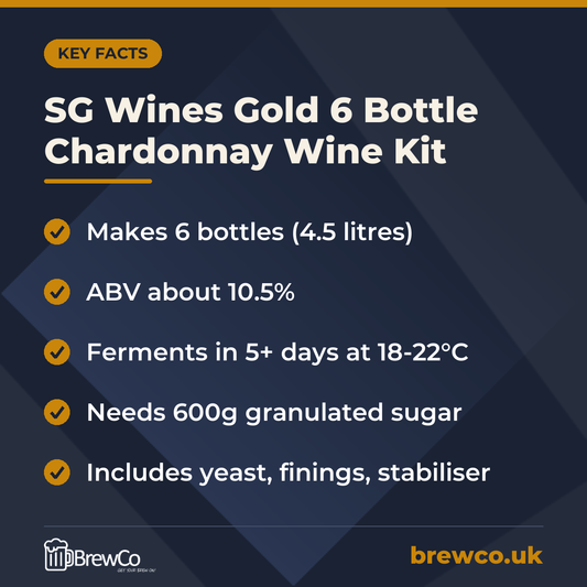 SG Wines Gold 6 Bottle Chardonnay Wine Kit key facts: makes 6 bottles (4.5 litres), ABV about 10.5%, ferments in 5+ days at 18-22°C