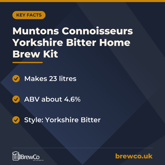 Muntons Connoisseurs Yorkshire Bitter Home Brew Kit key facts: makes 23 litres, ABV about 4.6%, style: Yorkshire Bitter
