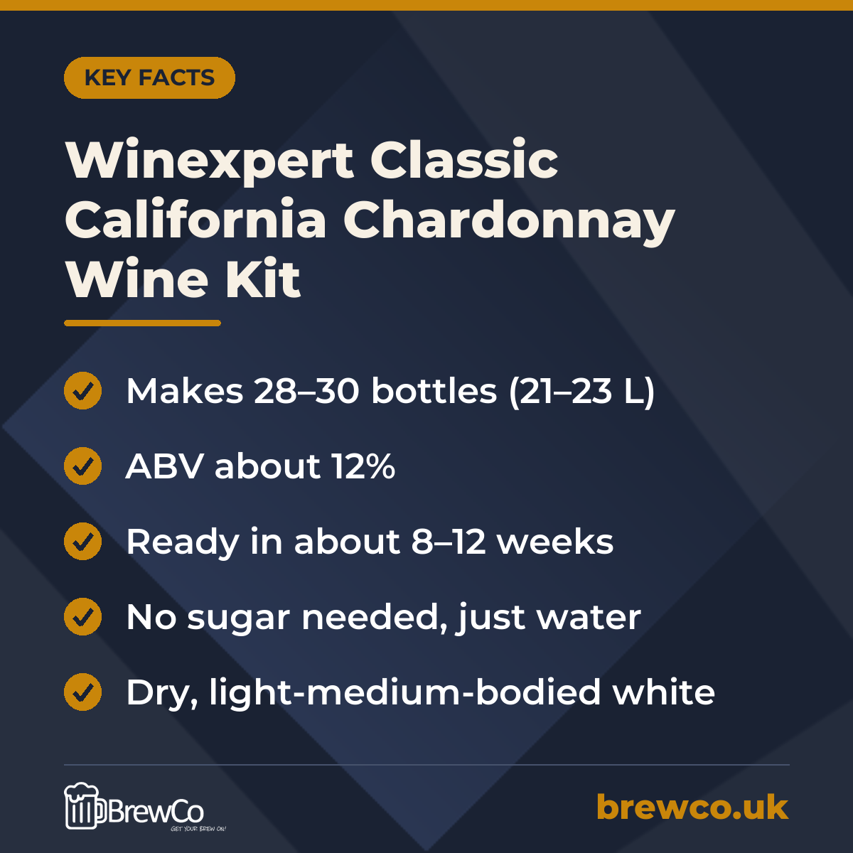 Winexpert Classic California Chardonnay Wine Kit key facts: makes 28–30 bottles (21–23 L), ABV about 12%, ready in about 8–12 weeks