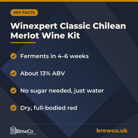 Winexpert Classic Chilean Merlot Wine Kit key facts: ferments in 4–6 weeks, about 13% ABV, no sugar needed, just water, dry, full-bodied red