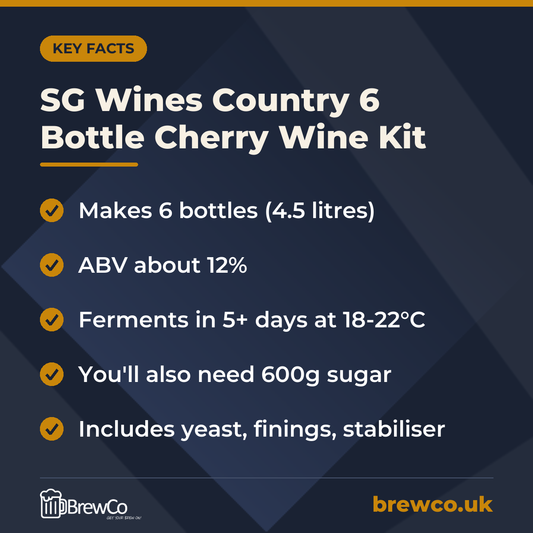 SG Wines Country 6 Bottle Cherry Wine Kit key facts: makes 6 bottles (4.5 litres), ABV about 12%, ferments in 5+ days at 18-22°C
