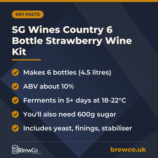 SG Wines Country 6 Bottle Strawberry Wine Kit key facts: makes 6 bottles (4.5 litres), ABV about 10%, ferments in 5+ days at 18-22°C