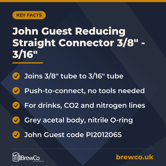 John Guest Reducing Straight Connector 3/8" - 3/16" key facts: joins 3/8" tube to 3/16" tube, push-to-connect, no tools needed, for drinks, CO2 and nitrogen lines