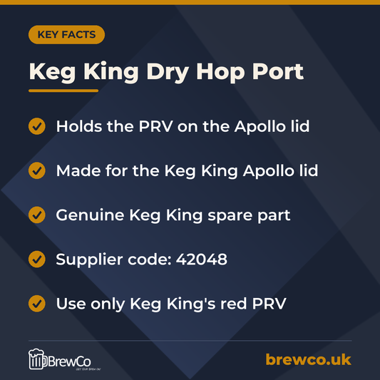 Keg King Dry Hop Port key facts: holds the PRV on the Apollo lid, made for the Keg King Apollo lid, genuine Keg King spare part, supplier code: 42048