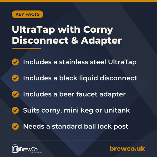 UltraTap with Corny Disconnect & Adapter key facts: includes a stainless steel UltraTap, includes a black liquid disconnect, includes a beer faucet adapter