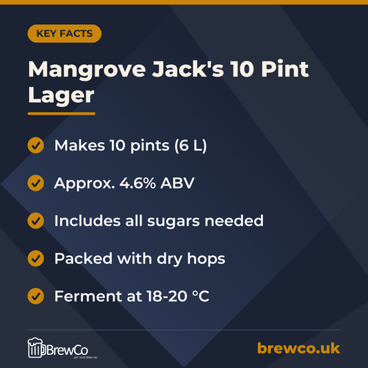 Mangrove Jack's 10 Pint Lager key facts: makes 10 pints (6 L), approx. 4.6% ABV, includes all sugars needed