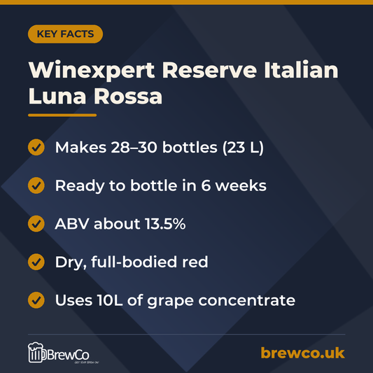 Winexpert Reserve Italian Luna Rossa key facts: makes 28–30 bottles (23 L), ready to bottle in 6 weeks, ABV about 13.5%