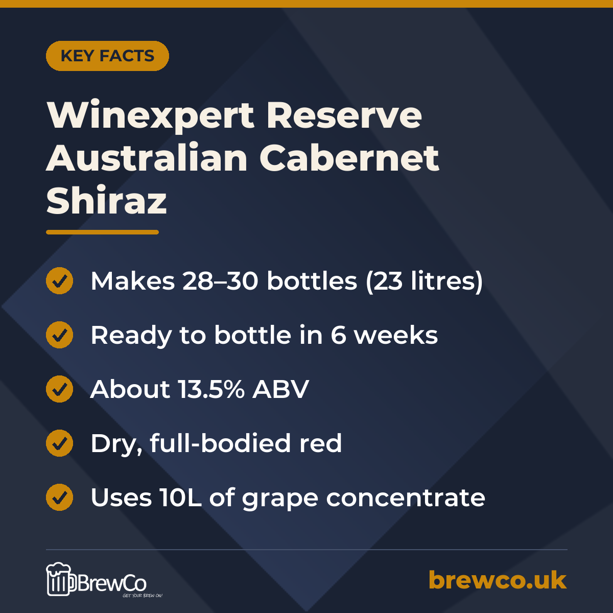 Winexpert Reserve Australian Cabernet Shiraz key facts: makes 28–30 bottles (23 litres), ready to bottle in 6 weeks, about 13.5% ABV