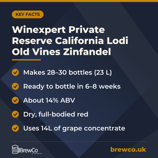 Winexpert Private Reserve California Lodi Old Vines Zinfandel key facts: makes 28–30 bottles (23 L), ready to bottle in 6–8 weeks, about 14% ABV