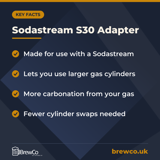 Sodastream S30 Adapter key facts: made for use with a Sodastream, lets you use larger gas cylinders, more carbonation from your gas