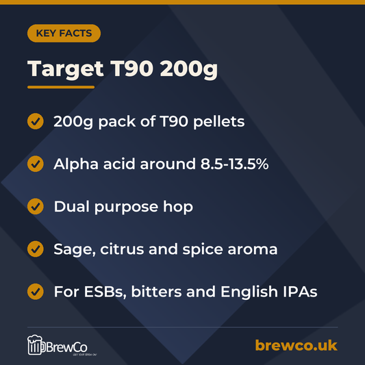 Target T90 200g key facts: 200g pack of T90 pellets, alpha acid around 8.5-13.5%, dual purpose hop