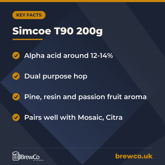 Simcoe T90 200g key facts: alpha acid around 12-14%, dual purpose hop, pine, resin and passion fruit aroma