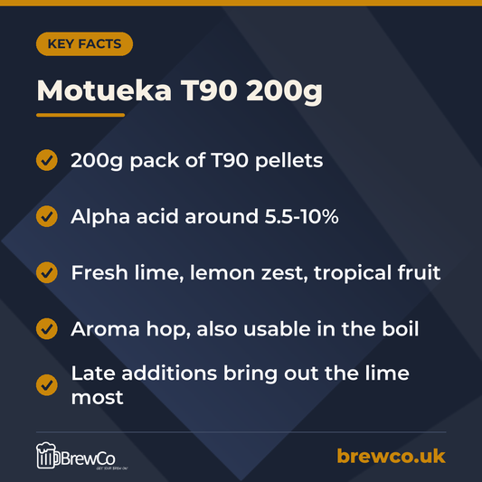 Motueka T90 200g key facts: 200g pack of T90 pellets, alpha acid around 5.5-10%, fresh lime, lemon zest, tropical fruit