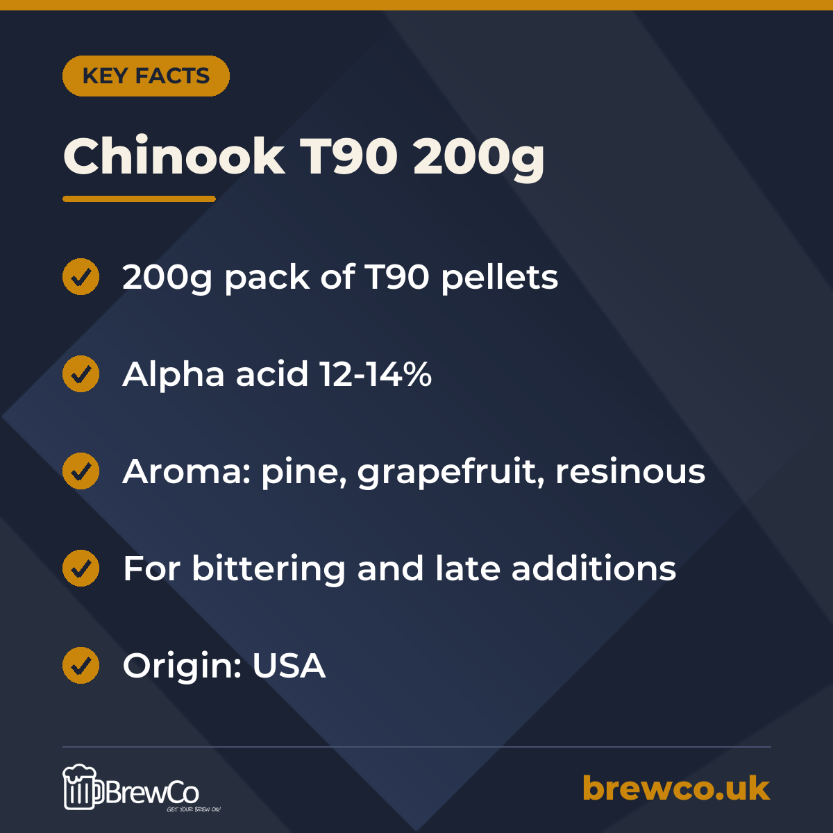 Chinook T90 Hop Pellets 200g – key facts