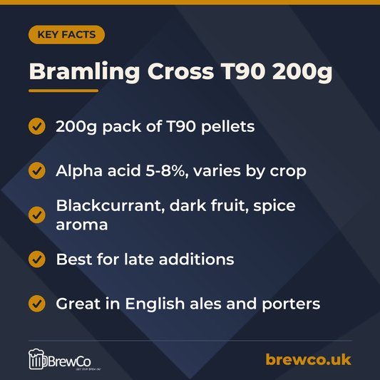 Bramling Cross T90 200g key facts: 200g pack of T90 pellets, alpha acid 5-8%, varies by crop, blackcurrant, dark fruit, spice aroma