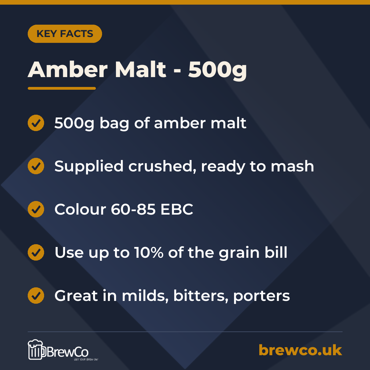 Amber Malt - 500g key facts: 500g bag of amber malt, supplied crushed, ready to mash, colour 60-85 EBC