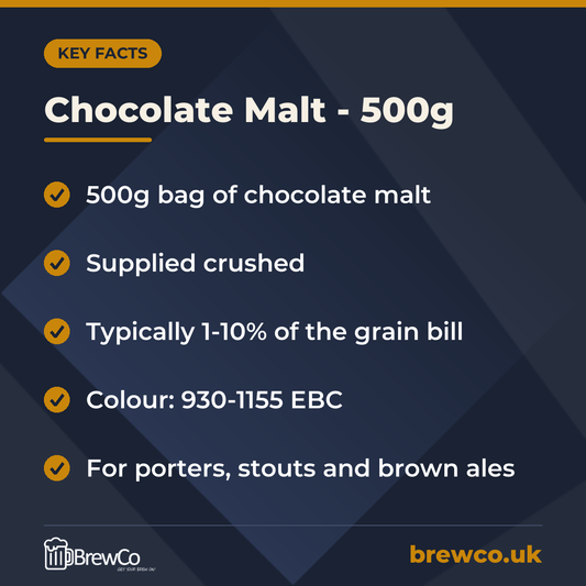Chocolate Malt - 500g key facts: 500g bag of chocolate malt, supplied crushed, typically 1-10% of the grain bill