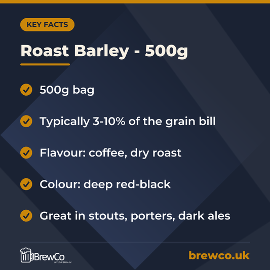 Roast Barley - 500g key facts: 500g bag, typically 3-10% of the grain bill, flavour: coffee, dry roast