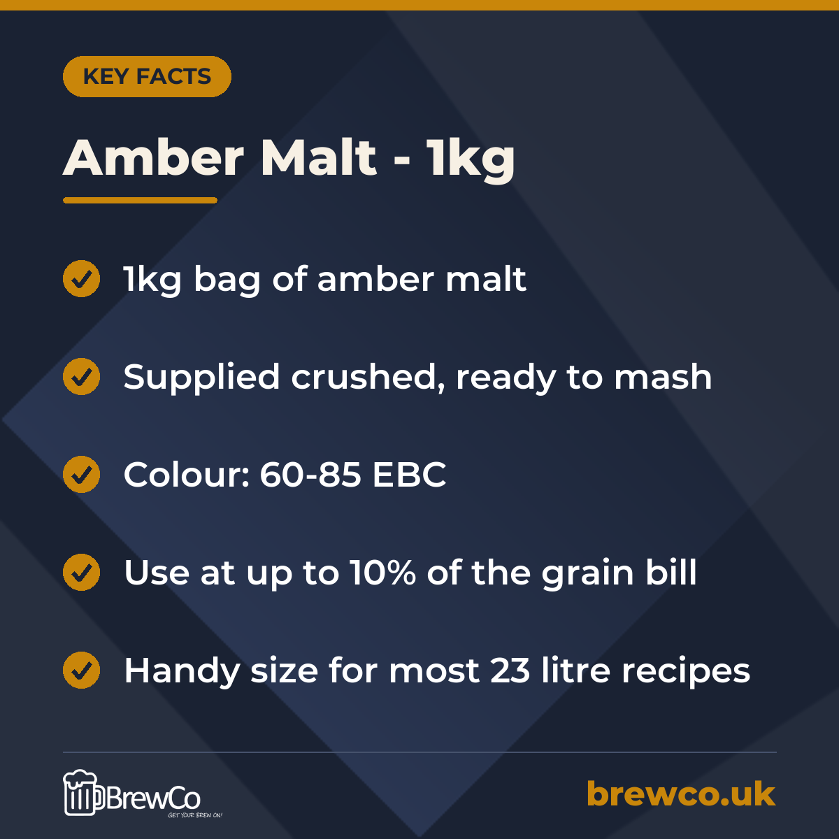 Amber Malt - 1kg key facts: 1kg bag of amber malt, supplied crushed, ready to mash, colour: 60-85 EBC