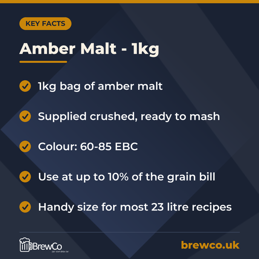 Amber Malt - 1kg key facts: 1kg bag of amber malt, supplied crushed, ready to mash, colour: 60-85 EBC