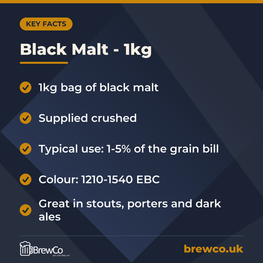 Black Malt - 1kg key facts: 1kg bag of black malt, supplied crushed, typical use: 1-5% of the grain bill