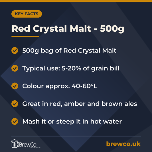 Red Crystal Malt - 500g key facts: 500g bag of Red Crystal Malt, typical use: 5-20% of grain bill, colour approx. 40-60°L