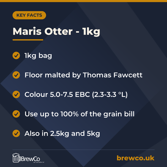 Maris Otter - 1kg key facts: 1kg bag, floor malted by Thomas Fawcett, colour 5.0-7.5 EBC (2.3-3.3 °L)