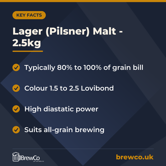 Lager (Pilsner) Malt - 2.5kg key facts: typically 80% to 100% of grain bill, colour 1.5 to 2.5 Lovibond, high diastatic power