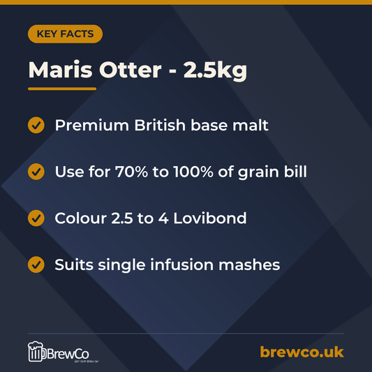 Maris Otter - 2.5kg key facts: premium British base malt, use for 70% to 100% of grain bill, colour 2.5 to 4 Lovibond