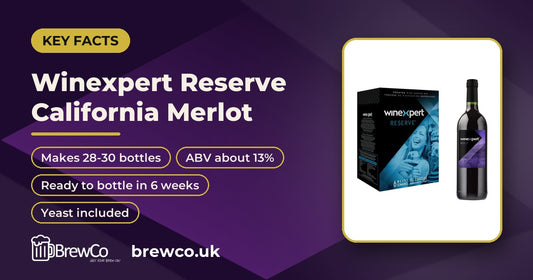 Winexpert Reserve California Merlot key facts: makes 28-30 bottles, ABV about 13%, ready to bottle in 6 weeks, yeast included
