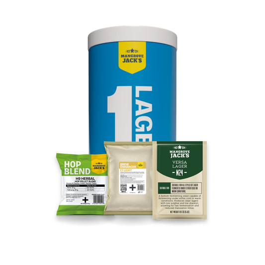 Helles - Mangrove Jack's Build Your Own home brew beer kit with base can, hop blend, brew enhancer and yeast