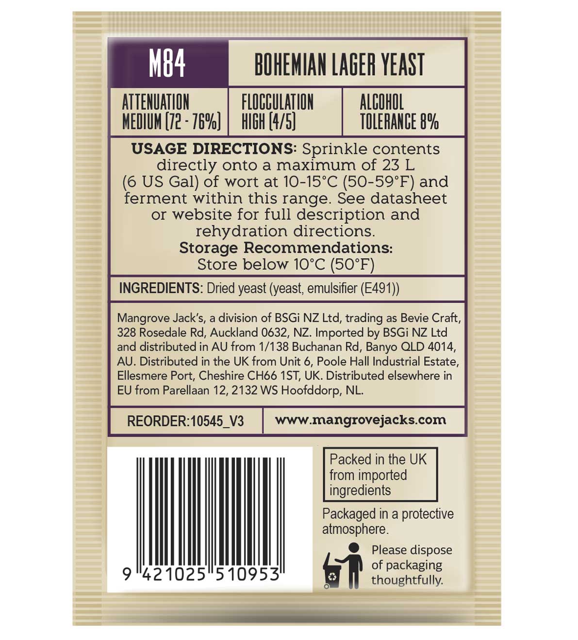 Mangrove Jacks Craft Series Bohemian Lager Yeast M84 – supplier photo