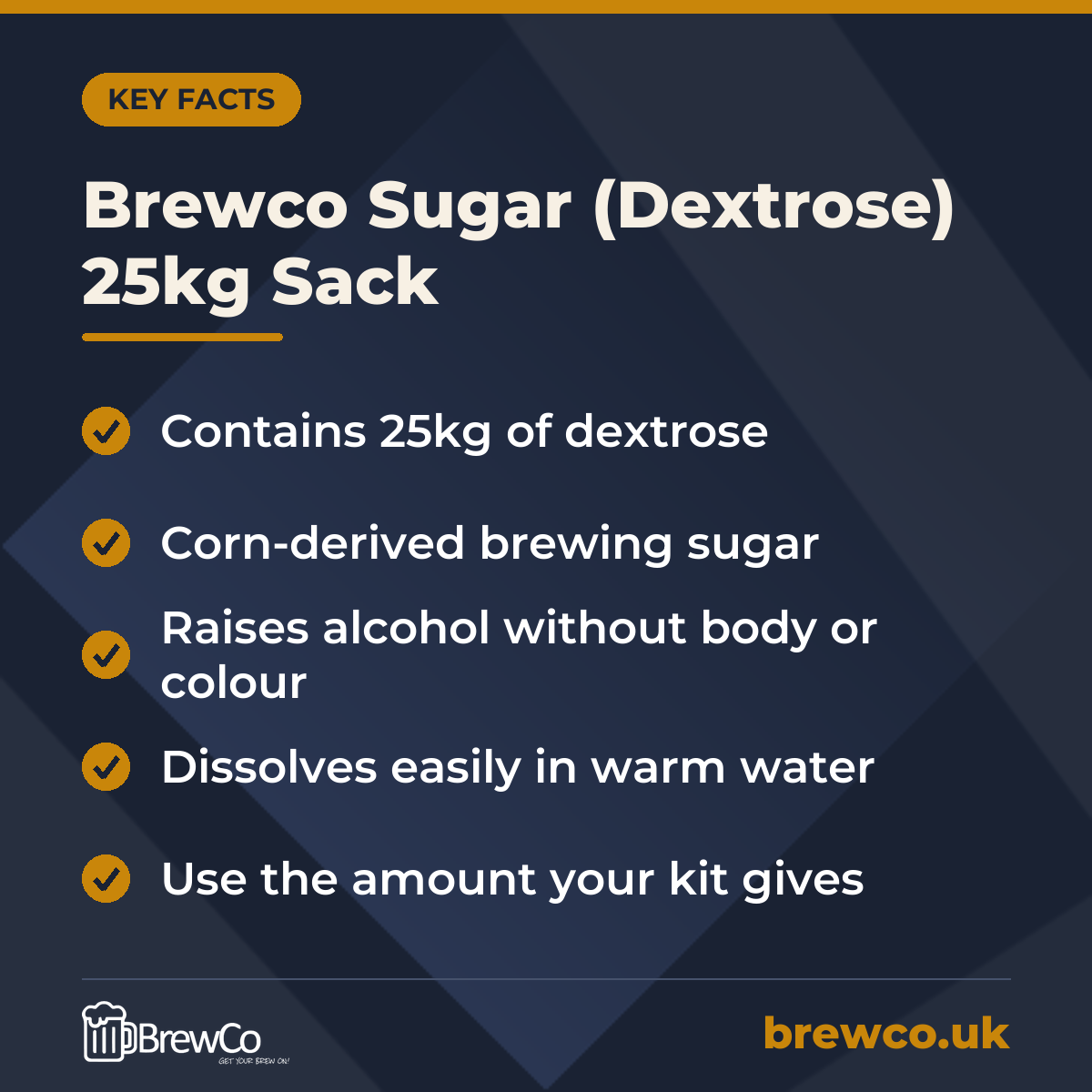 Brewco Sugar (Dextrose) 25kg Sack – key facts